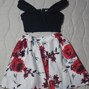 Xtraordinary Black Crop Top with White Floral Red Skater Skirt Set